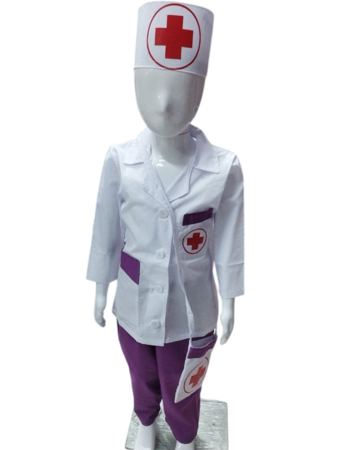 Детский костюм врача-халат, с шапочкой и сумкой - 7 лет, Молочный