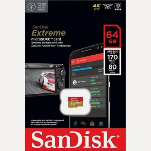 Изображение товара Карта памяти Sandisk Extreme micro SDXC 64Gb UHS-I U3 V30 A2 (170/80 MB/s)