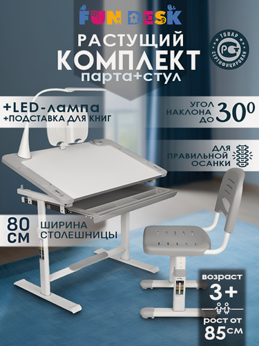 Изображение товара Парта для школьника 80х50 см Littonia Grey FUNDESK (c лампой и подставкой), стол и стул растущие