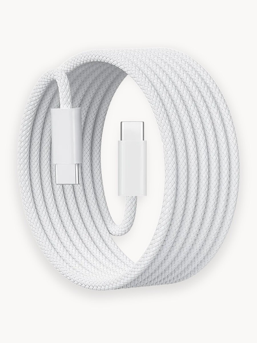Кабель питания Type-C Type-C, для iPhone/iPad/AirPods/Android, 240 w, плетеный, цвет белый, длина 2 м.