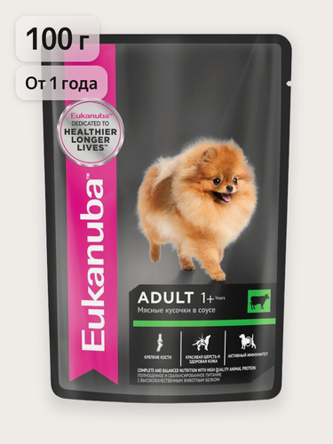 Изображение товара Влажный корм для собак Eukanuba Adult All Breed кусочки в соусе со вкусом говядины, 24 шт по 100 г