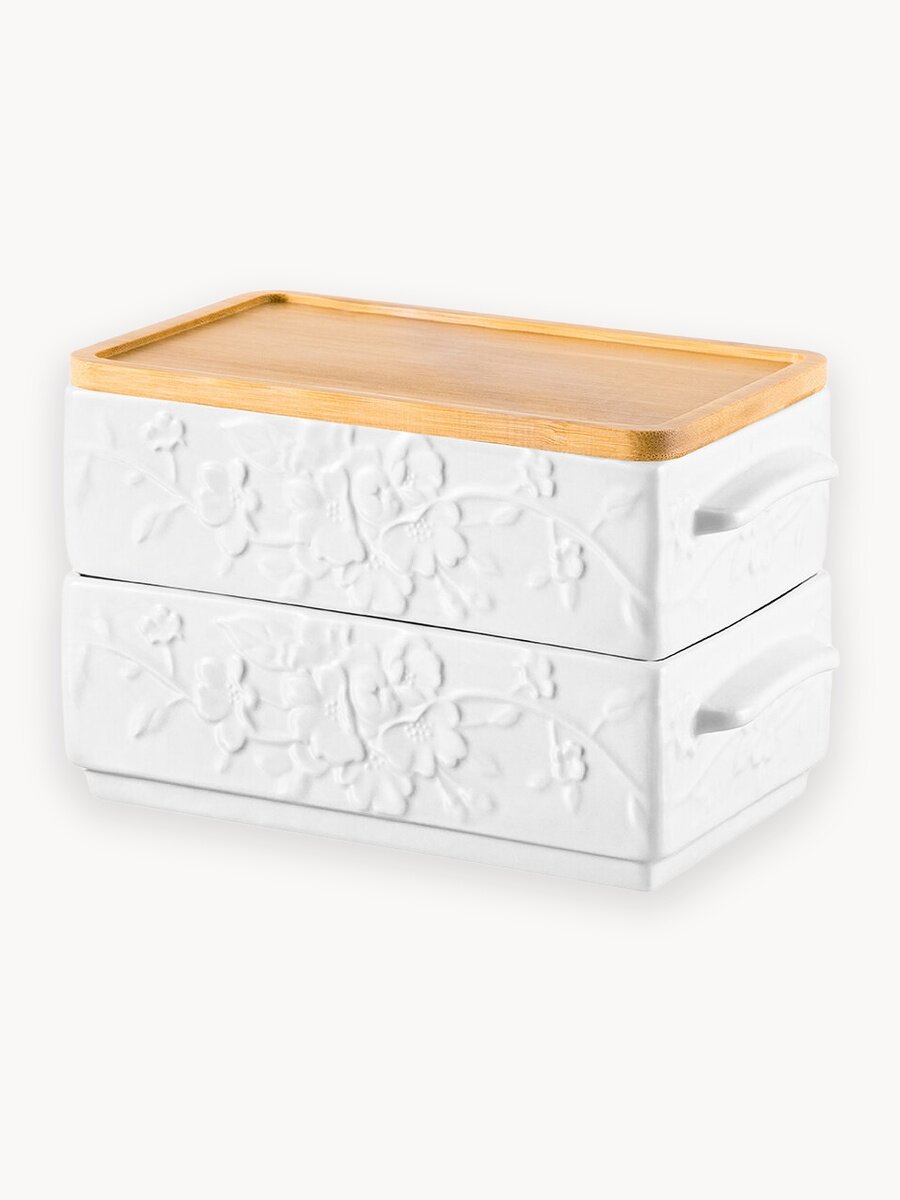 Блюдо для холодца 2 пр. по 800 мл Elan Gallery Цветущая сакура + бамбуковая крышка, набор