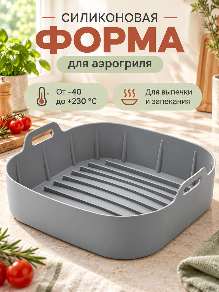 Форма для аэрогриля, силиконовая, квадратная, серая, 18,5 см