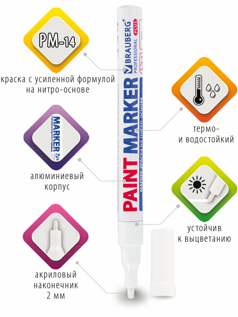 Маркер краска лаковый paint marker 2 мм строительный белый, нитро основа, Brauberg Proffessional Plus, 151438 — фото 1