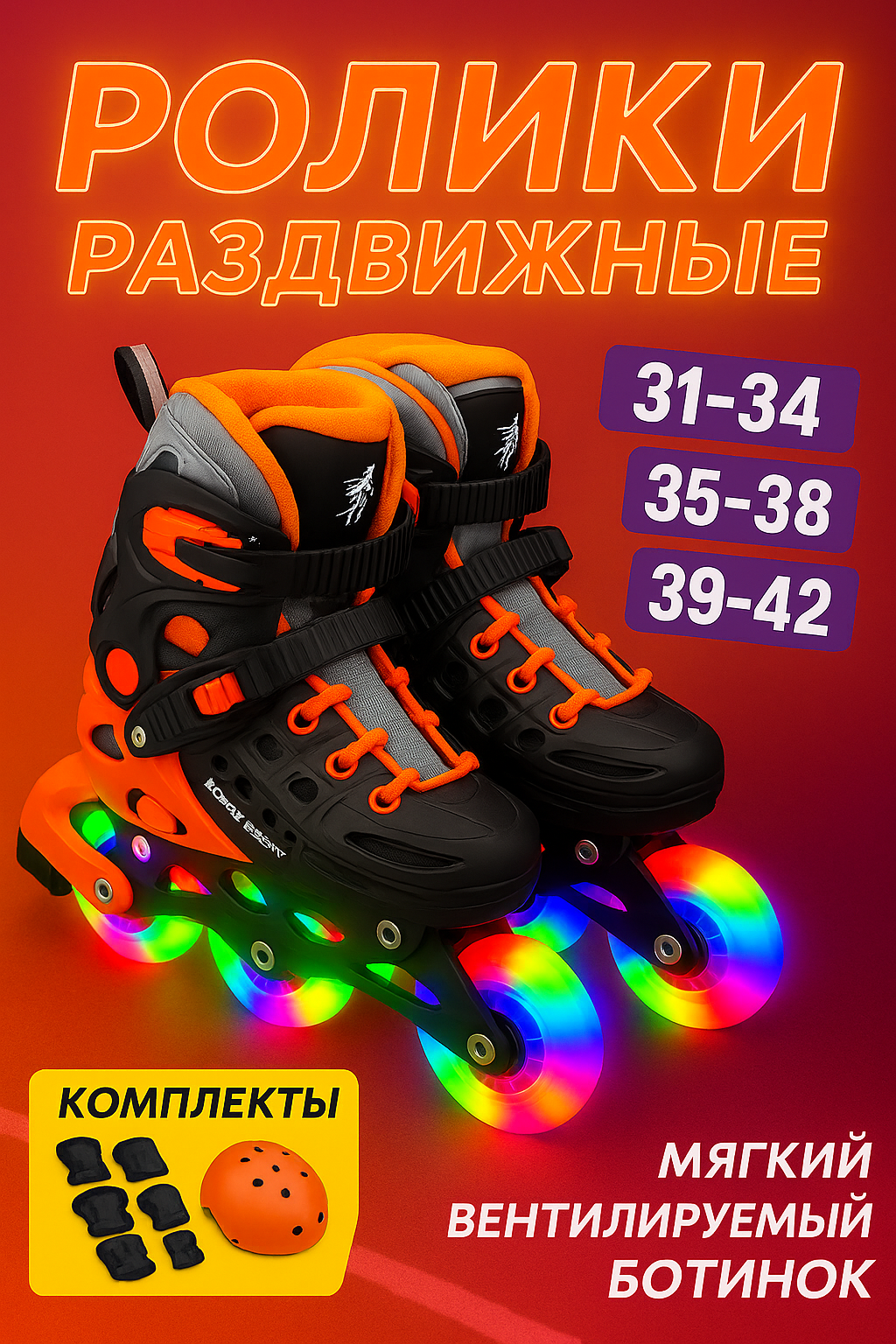 Роликовые коньки General Fitness, детский/взрослый, с тормозом, раздвижные