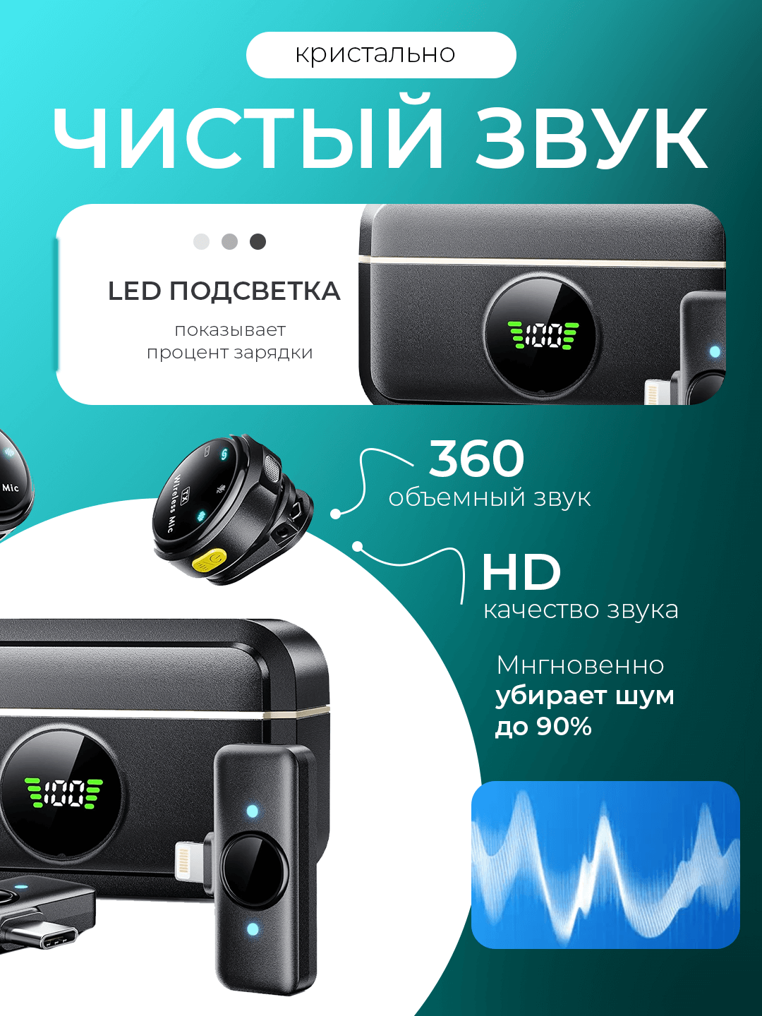 Беспроводной петличный микрофон 2 в 1, для iPhone и Android, с разъёмом Type-C и Lightning — фото 1