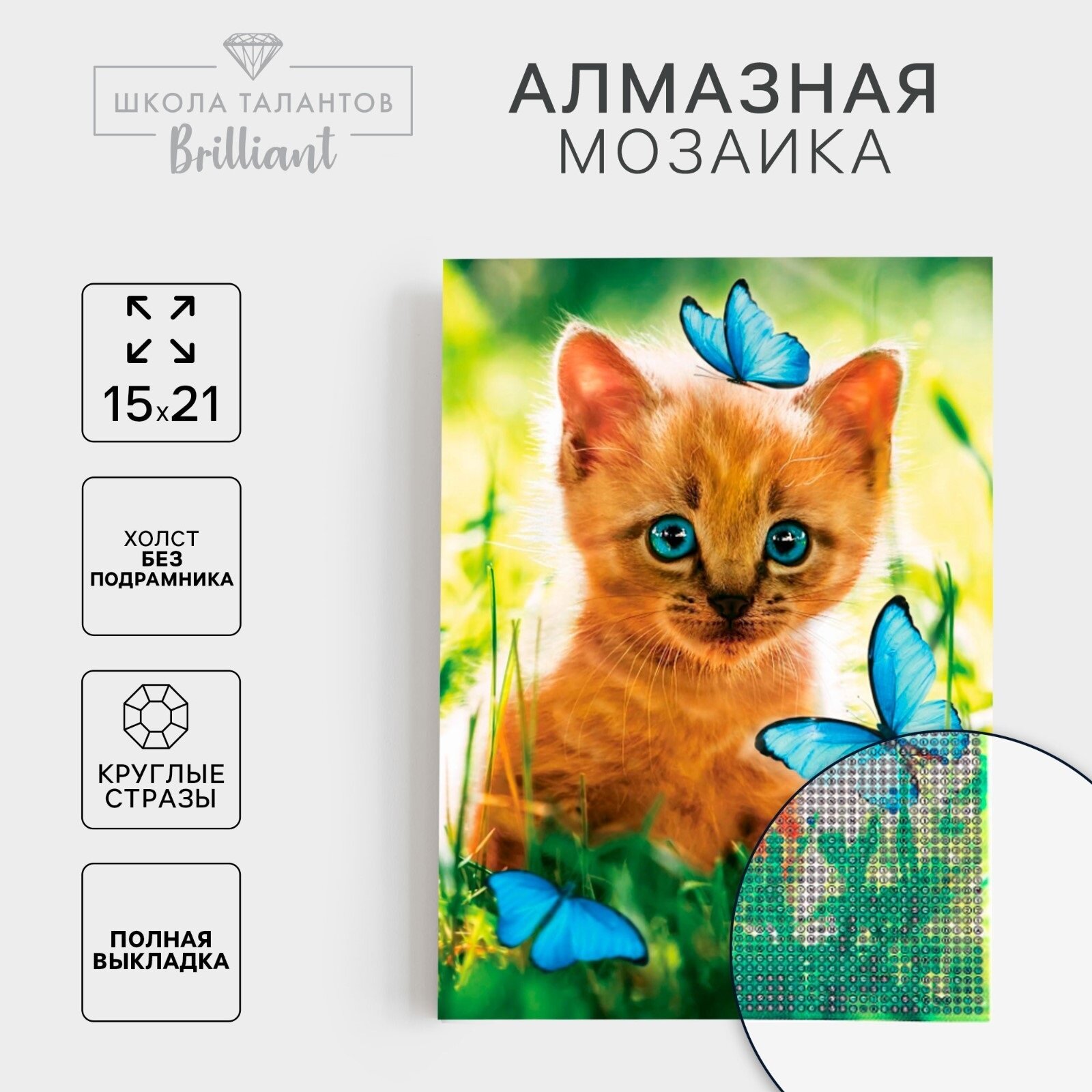 Алмазная вышивка с полным заполнением «Котёнок с бабочками» 15х21 см на холсте