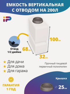 Изображение товара Емкость Ирпласт, прямоугольный, бак, для пищевых продуктов, Россия, белый, 200л отвод 1/2*
