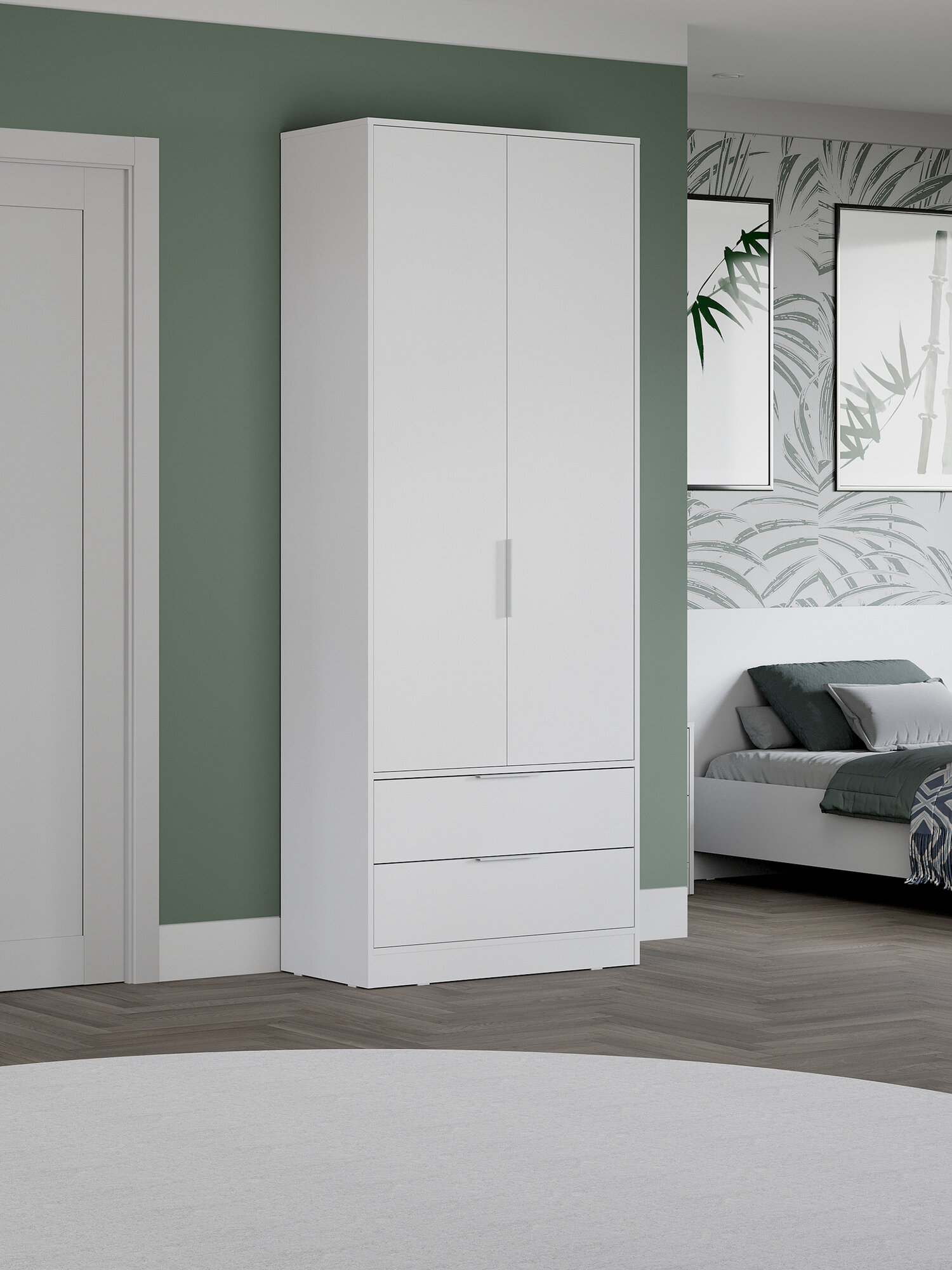 Шкаф для одежды , с полками , со штангой, с выдвижными ящиками "Марли" (Белый)