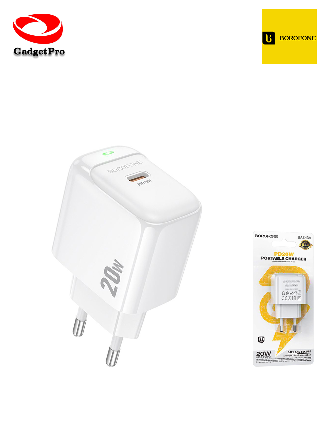 Сетевое зарядное устройство Borofone BAS43A 20W: быстрая зарядка, адаптер питания для телефона, современный дизайн.