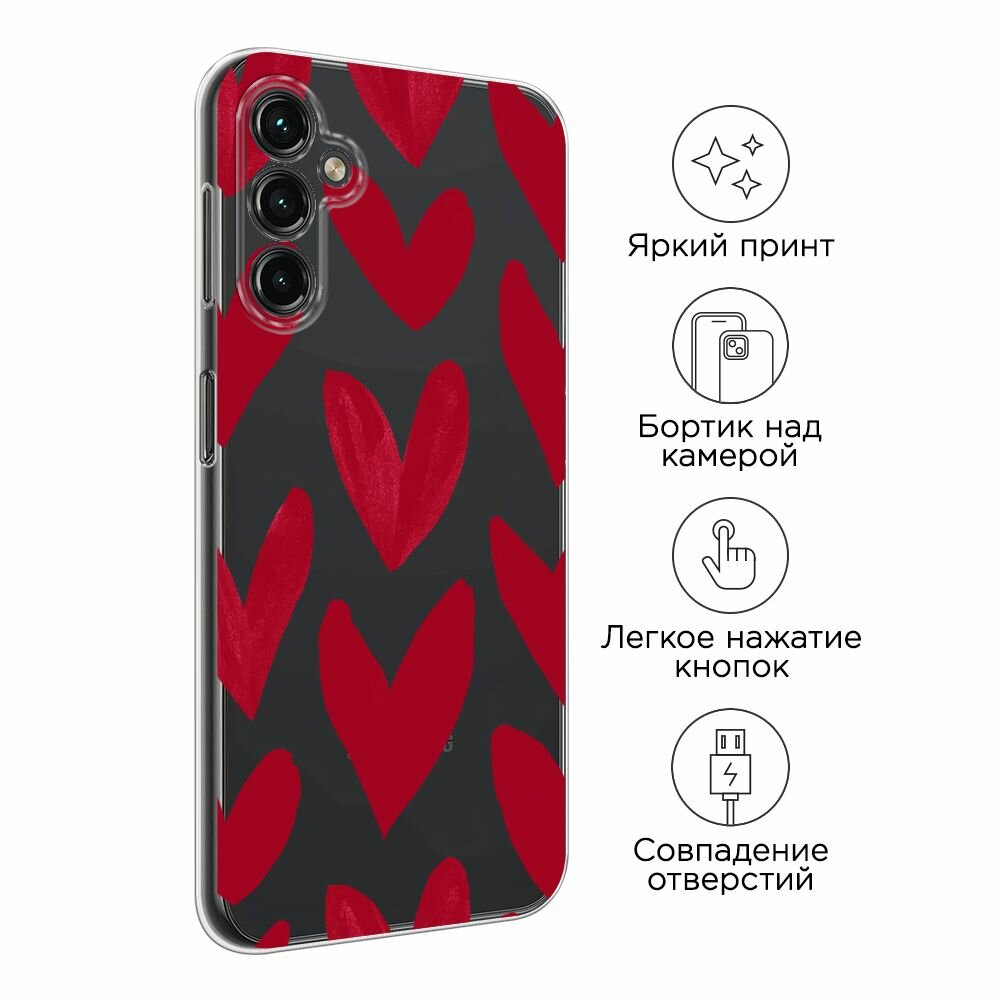 Чехол на Samsung Galaxy A14 4G / Галакси A14 4G с принтом "Красные сердечки рисунок - 14 февраля", прозрачный — фото 1