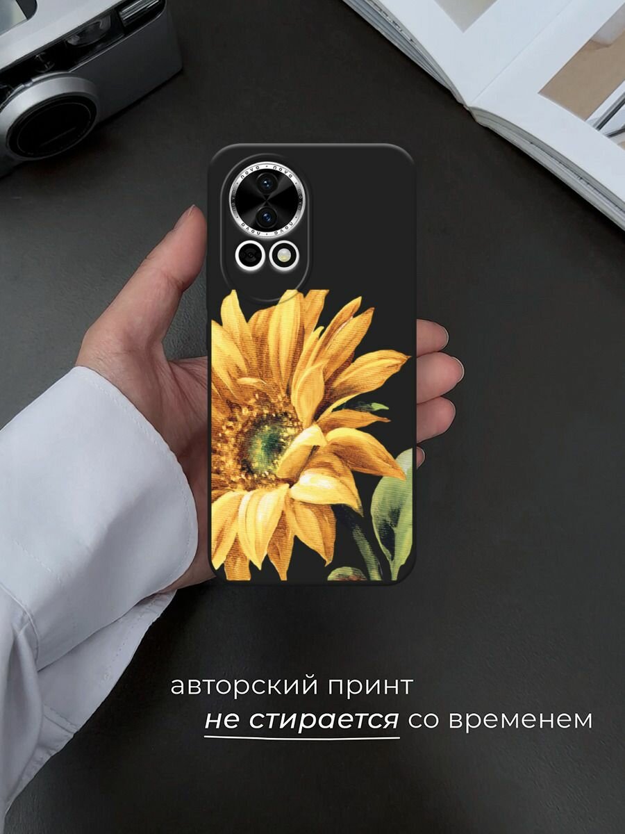 Черный матовый чехол на Huawei Nova 12/Nova13 / Хуавей Нова 12/Нова 13 с принтом "Желтая хризантема" — фото 1