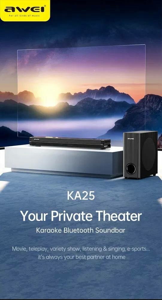 Awei KA25 — саундбар с сабвуфером 2.1, мощность 100 Вт, Bluetooth 5.3, HDMI ARC, оптический, AUX, USB — фото 1