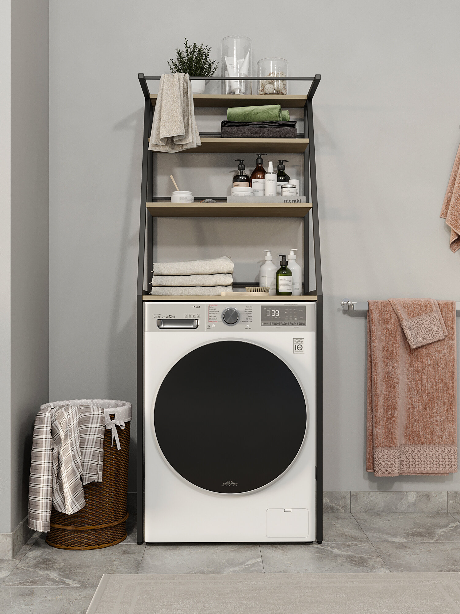 Стойка над стиральной машиной, узкая, функциональная, черный/сонома