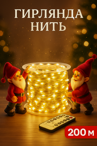 Изображение товара Гирлянда «Нить» 200 м роса, IP44, 8 режимов свечения, серебристая нить, 2000 LED, пульт, 36 В, свечение тёплое белое