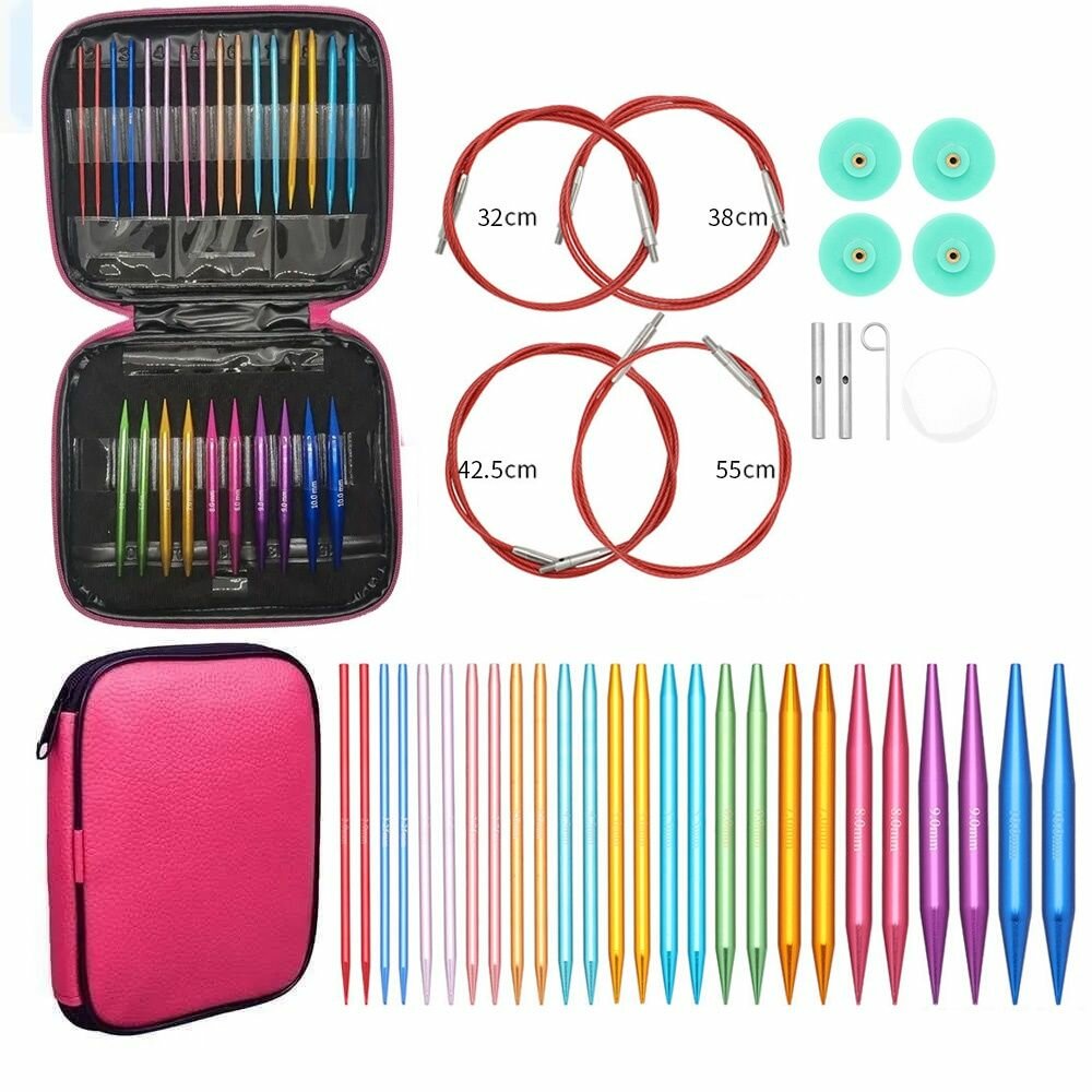 Эксклюзивный комплект укороченных круговых спиц 13 пар со сменными тросиками 4 размеров для профессионального вязания