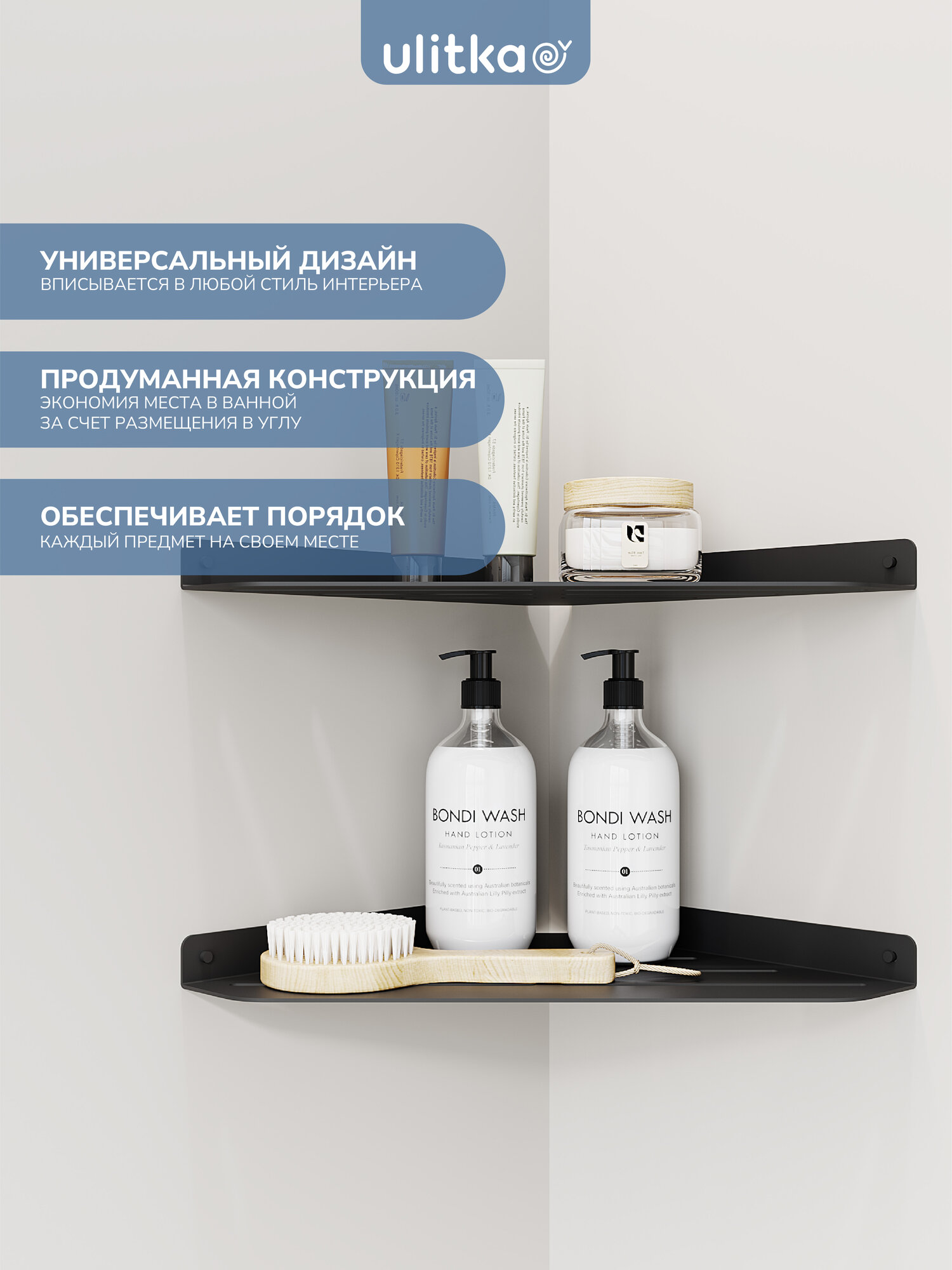 Полка угловая Ulitka Unit 20х20см, металл, цвет черный (комплект 2 шт.) — фото 1