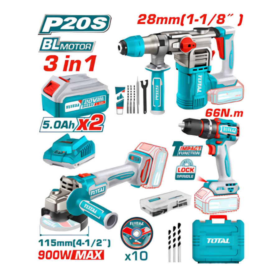 Набор аккумуляторных инструментов Total TOSLI241183, дрель, болгарка, перфоратор