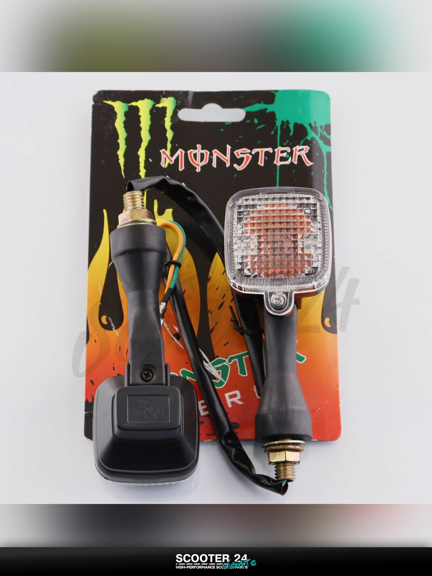 Повороты светодиодные для мотоцикла, мопеда и скутера (пара) квадратные (черные, прозрачные, 7 диодов) "MONSTER ENERGY"