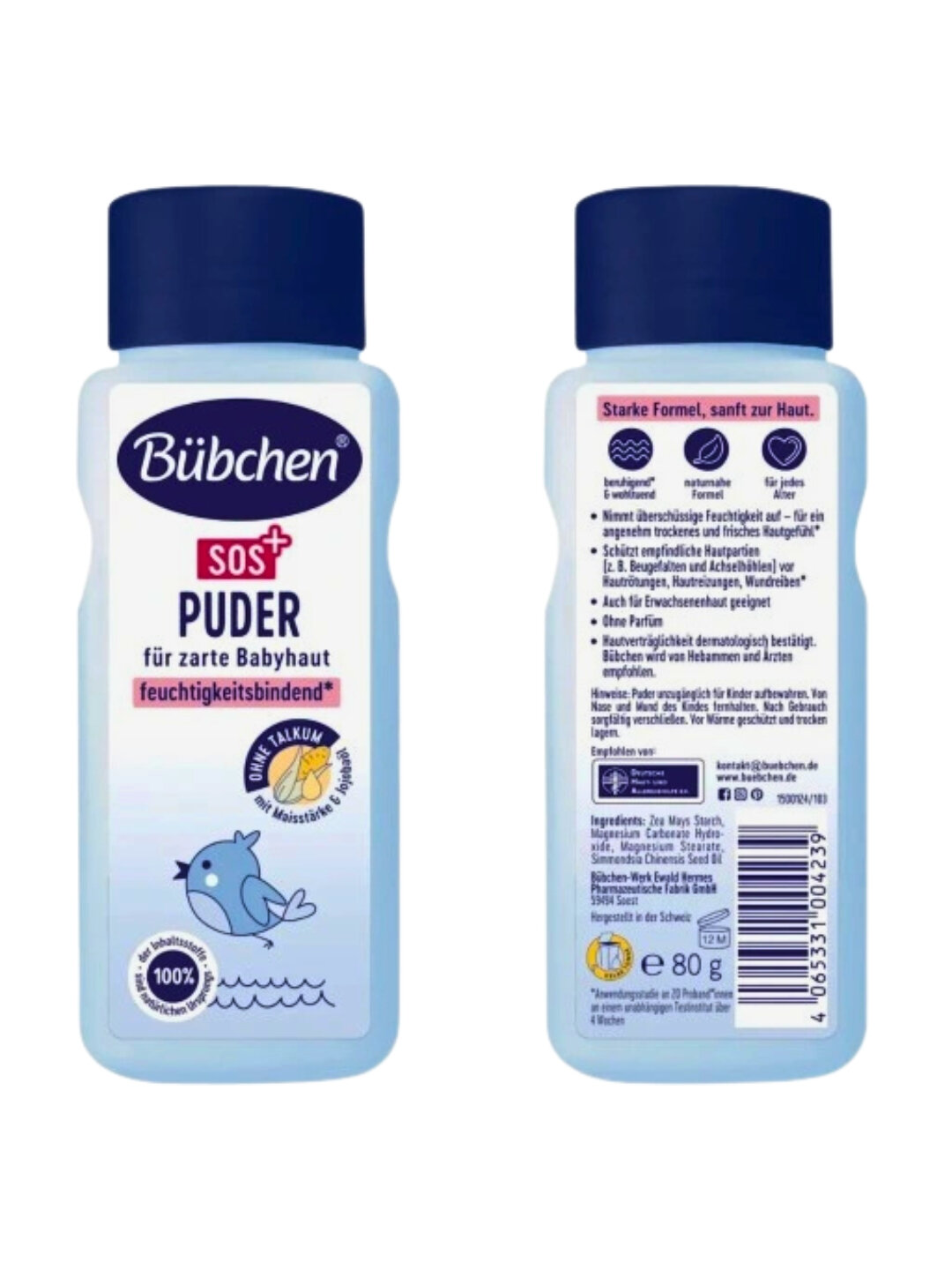 Bubchen SOS+ детская присыпка, 0+, без талька, кукурузный крахмал, 80 г — фото 1