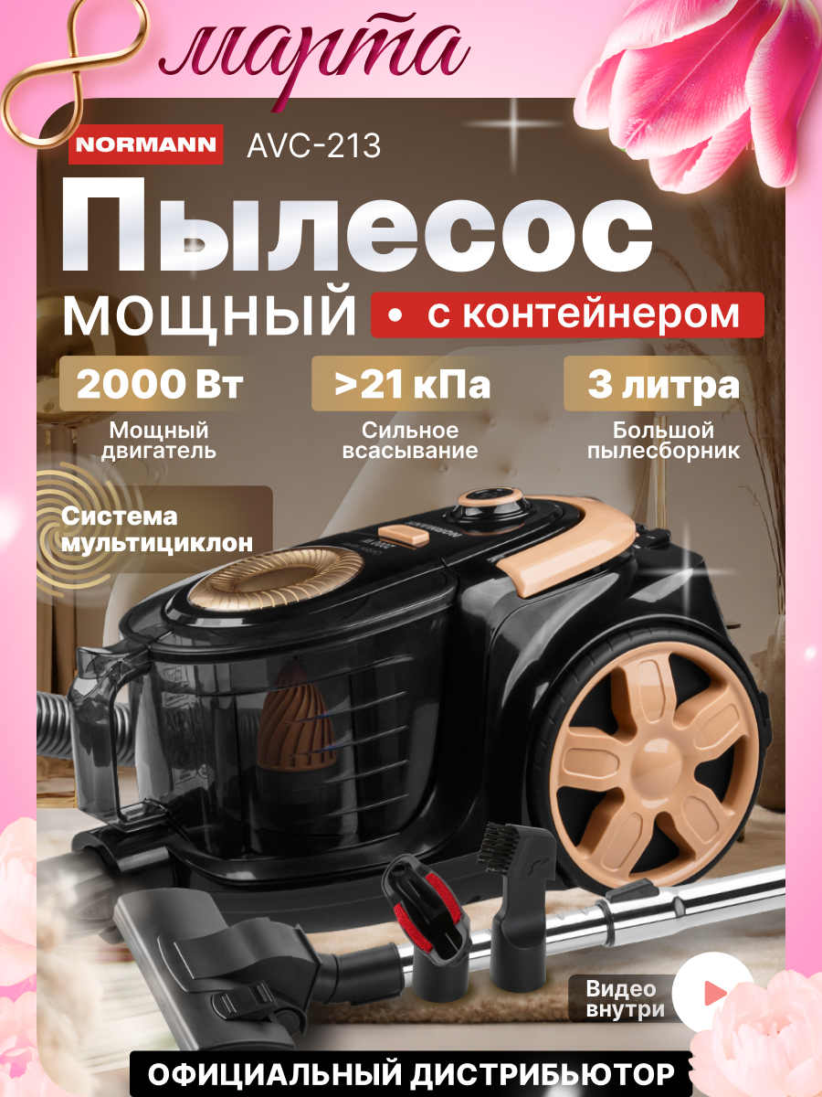 Пылесос бытовой NORMANN AVC-213 для дома с контейнером для пыли, мощность 390 Вт (N16013-1)