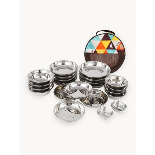 Набор тарелок и мисок туристический из нержавеющей стали, 22 предмета