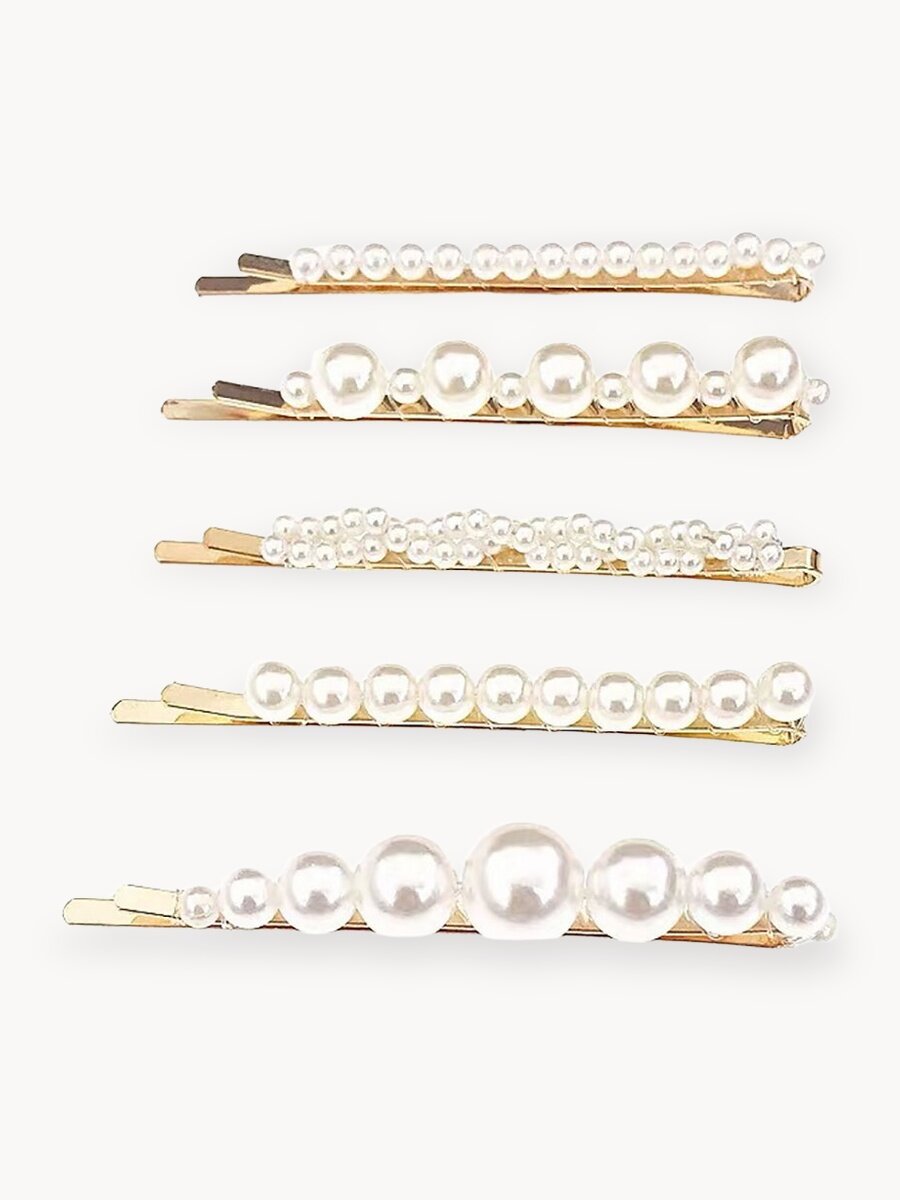 Набор заколок женских, невидимки, длина 7 сантиметров, 5 штук в наборе, цвет жемчужный/золотистый, имитация жемчуга