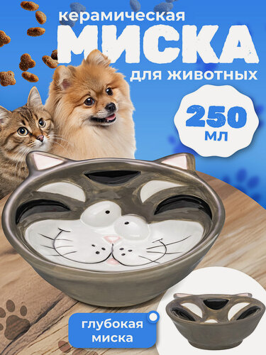 Изображение товара Миска для домашних питомцев 250 мл Elan Gallery Котик, серый, керамика, 15х13х4,5 см