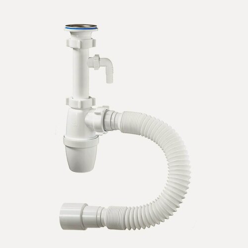 Изображение товара Сифон Orio А-32079 для мойки бутылочный удлиненный с отводом 1"1/ 4, с гофрой 40х40/50