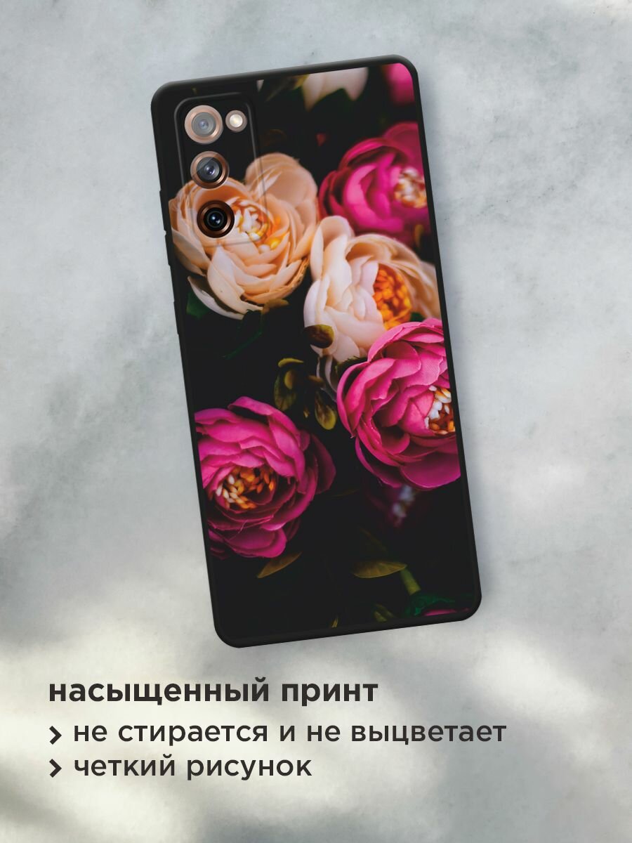 Черный матовый чехол на Samsung Galaxy S20 FE / Самсунг Галакси S20 FE с принтом "Розовые пионы на черном" — фото 1