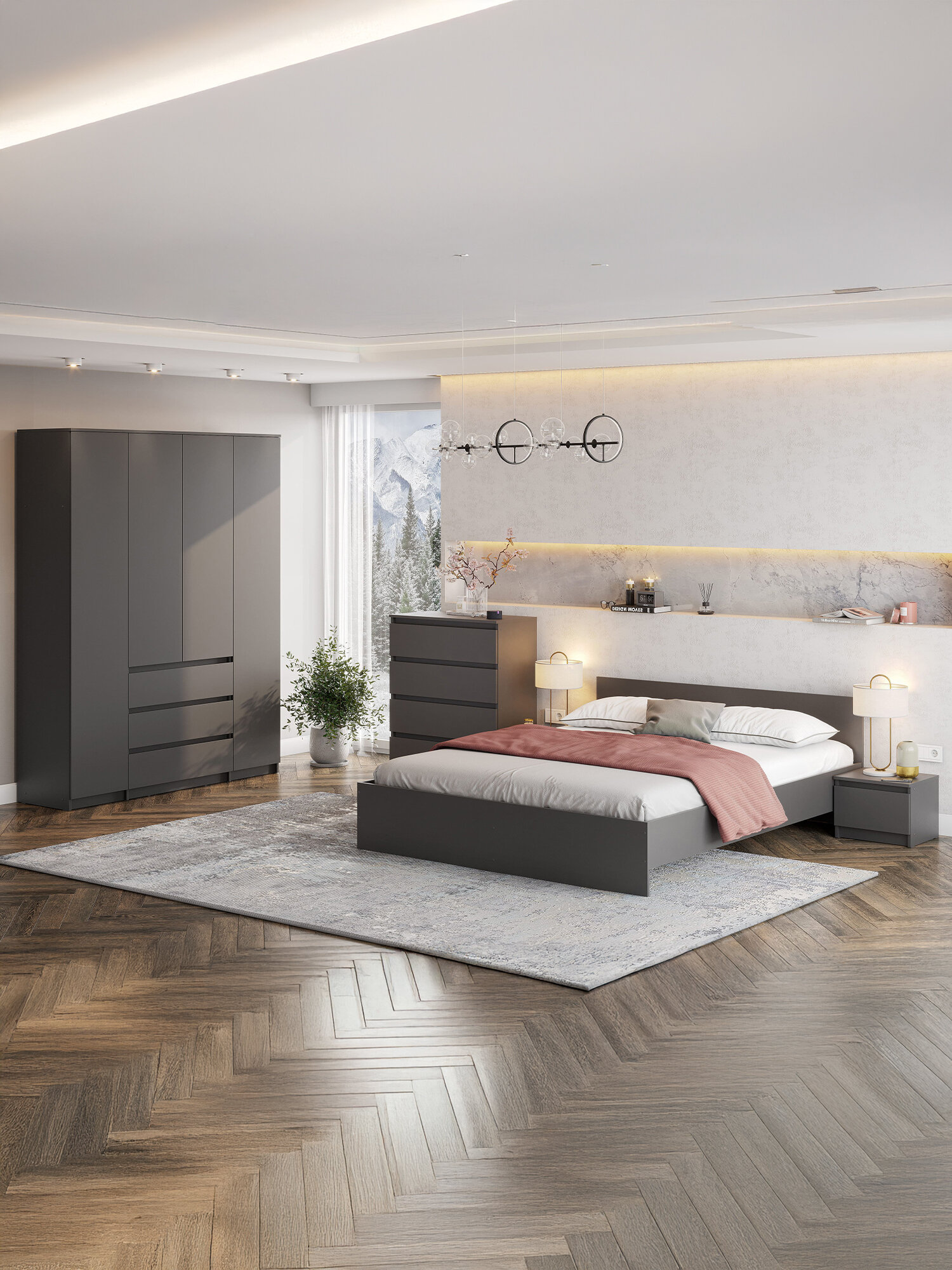 ARNIKA Спальный гарнитур Довер графит кровать 160х200 см шкаф комод тумба прикроватная