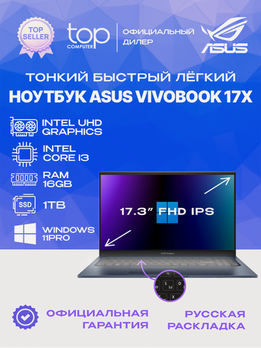 Изображение товара Ноутбук Asus Vivobook 17 X1704VA 17.3"FHD/IPS/Intel Core i3 1315U/16GB/SSD 1TB/Intel UHD/Win11pro/синий