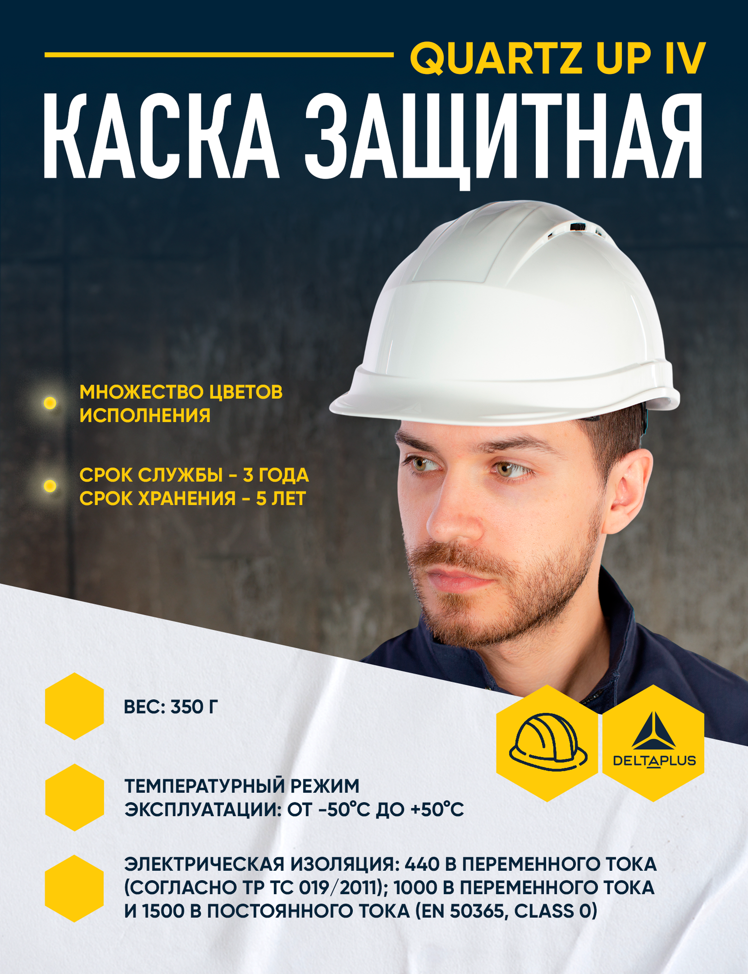 Каска защитная DELTA PLUS QUARTZ UP IV с вентиляцией, белая, с храповым механизмом