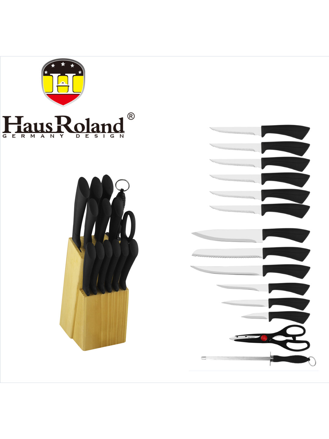 HausRoland набор из 15 кухонных ножей, с деревянной подставкой