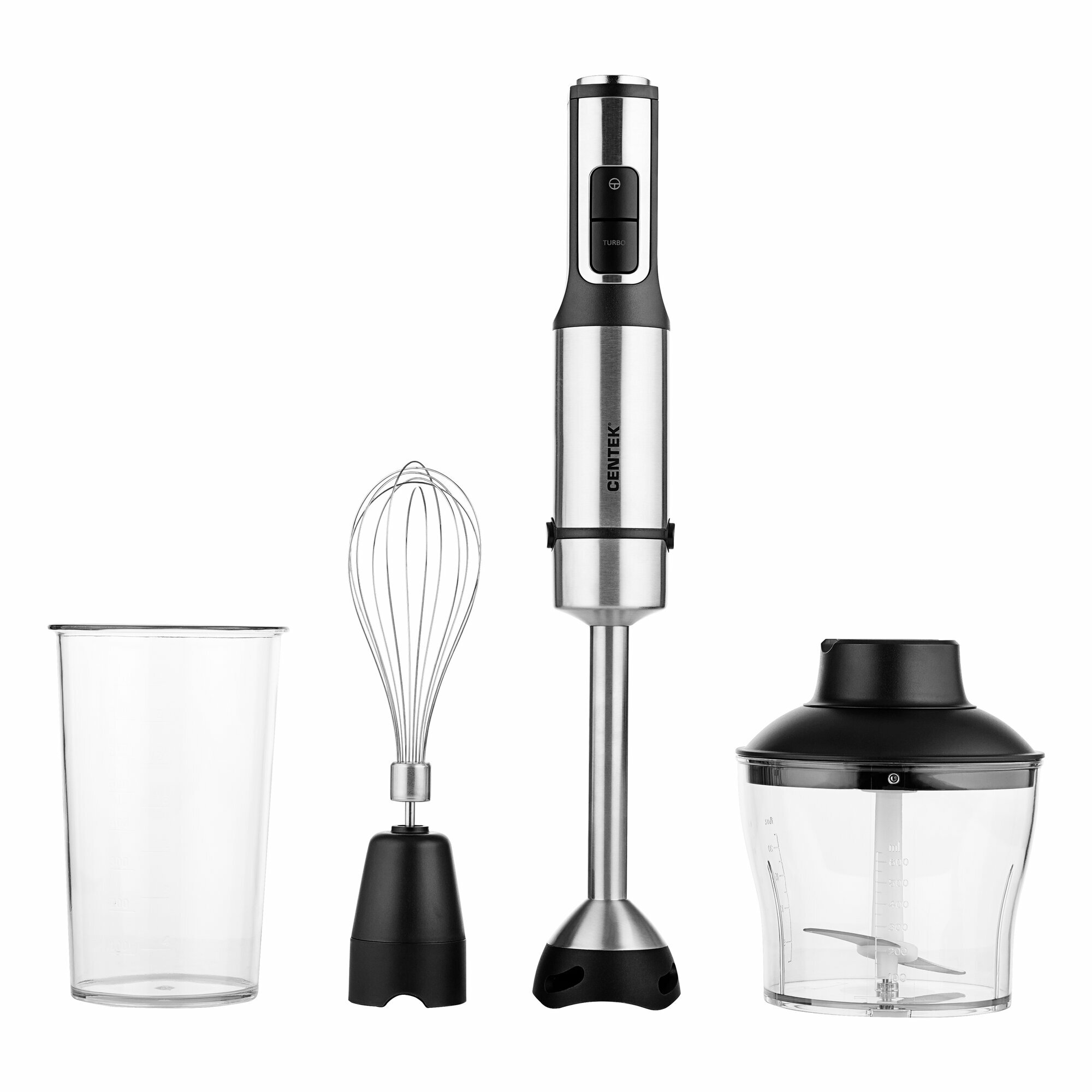 Блендер Centek CT-1330 (черн/сталь) 1500Вт, турбо режим, плавная регулировка, стакан, чоппер, венчик