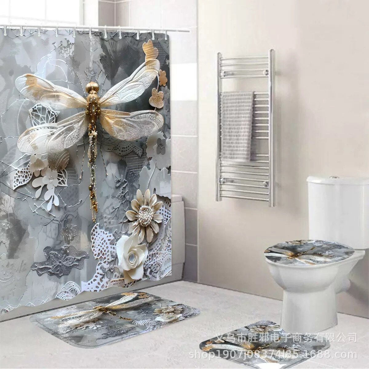 Штора и коврики "Стрекоза", водоотталкивающие, комплект 4 в 1, 180x180 см（INS、Хит продаж）