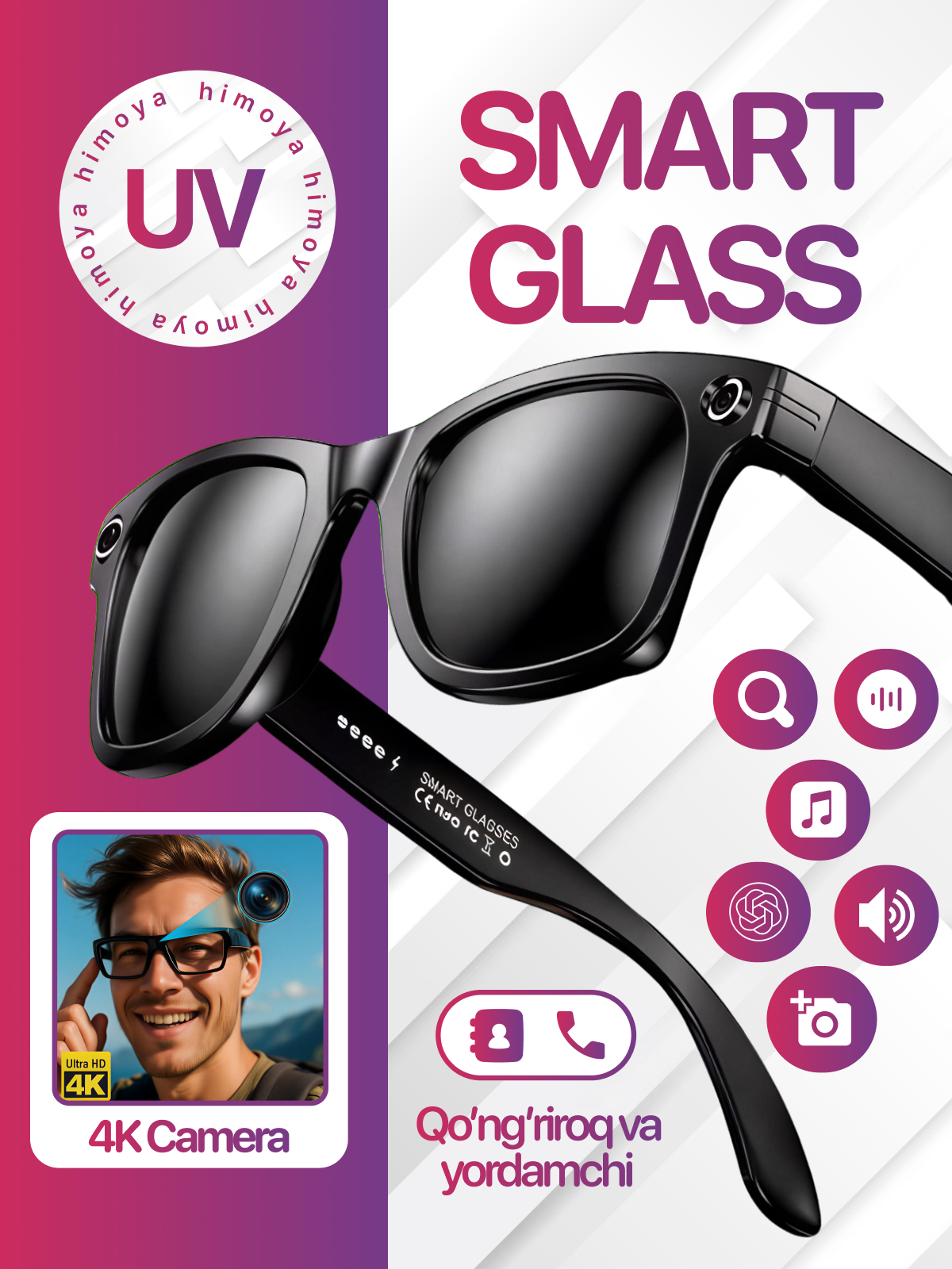 Умные очки с функциями искусственного интеллекта — с камерой, Bluetooth и защитой IP65