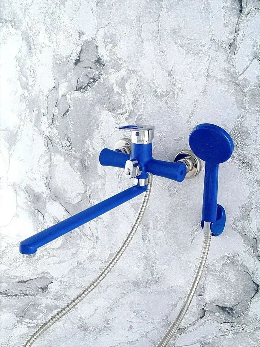Смеситель для ванны с душем, длинным изливом 35 см синий
