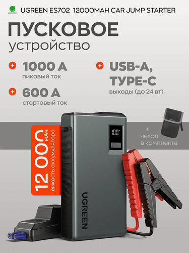Изображение товара Пусковое устройство UGREEN ES702 (35977) 12000mAh Car Jump Starter. Цвет: серый