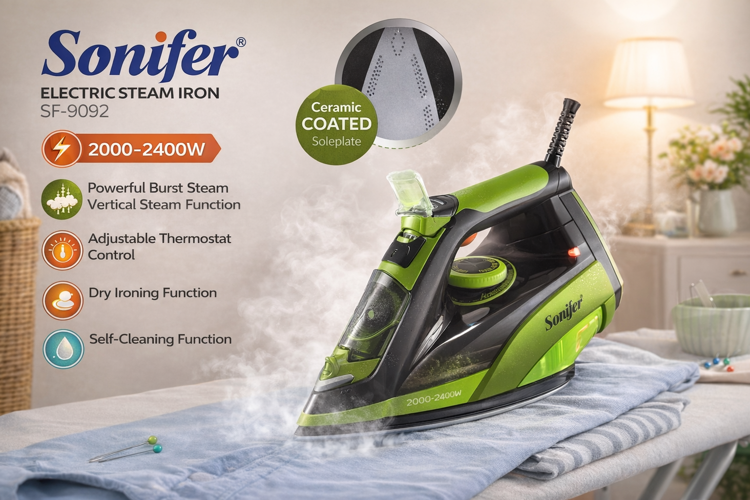 Утюг Sonifer SF-9092, керамическая подошва, автоматическое отключение, 300 мл