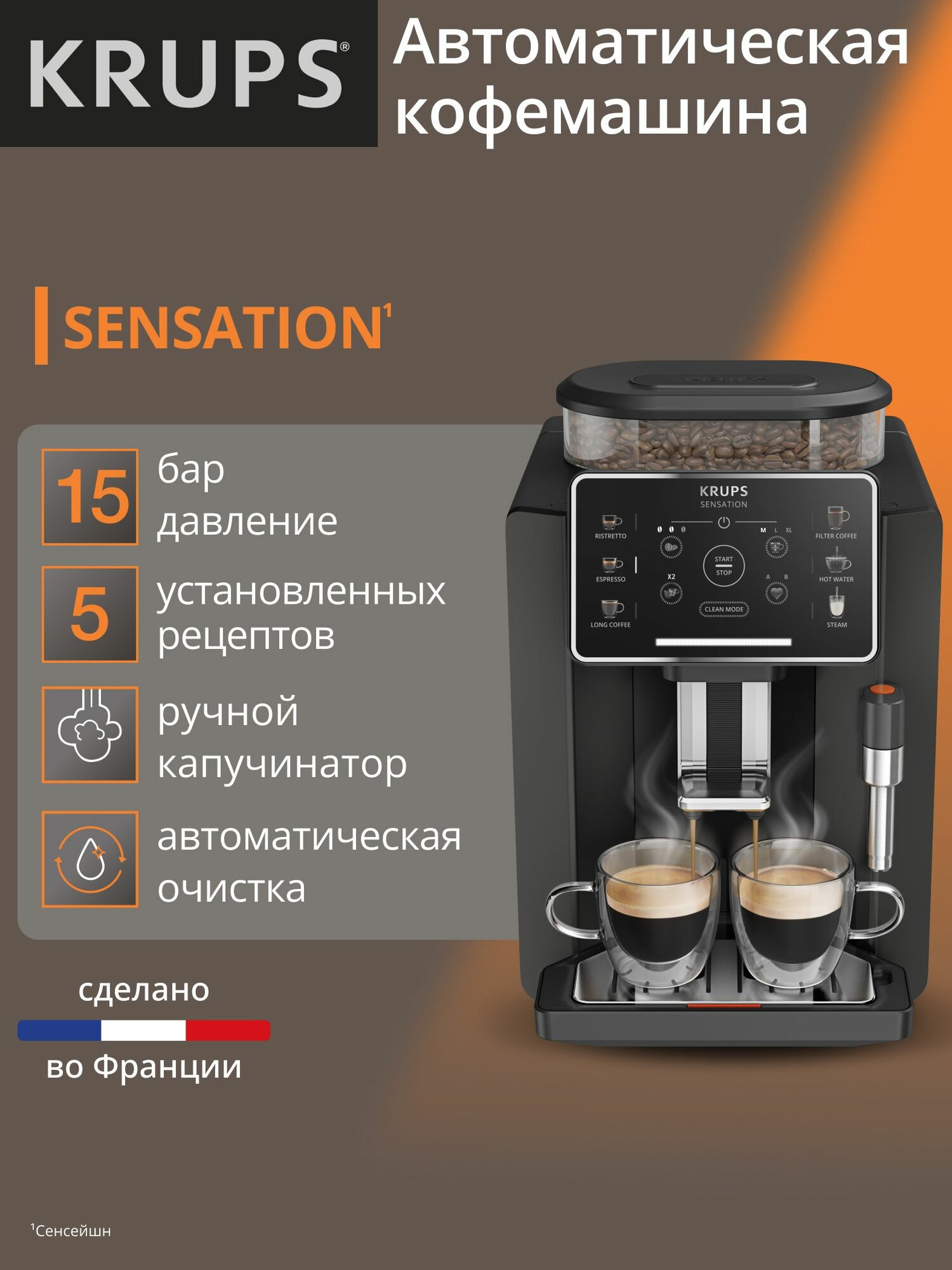 Кофемашина автоматическая Krups Sensation C50 EA910810, с 5 рецептами, паровой трубкой для пены и световой индикацией, черная, Франция