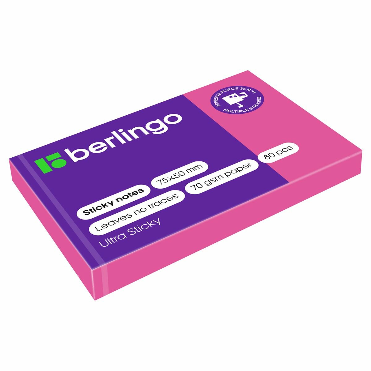 Блок самоклеящийся BERLINGO 50*75мм. "Ultra Sticky" 80л. неон, розовый (LSn_39413)