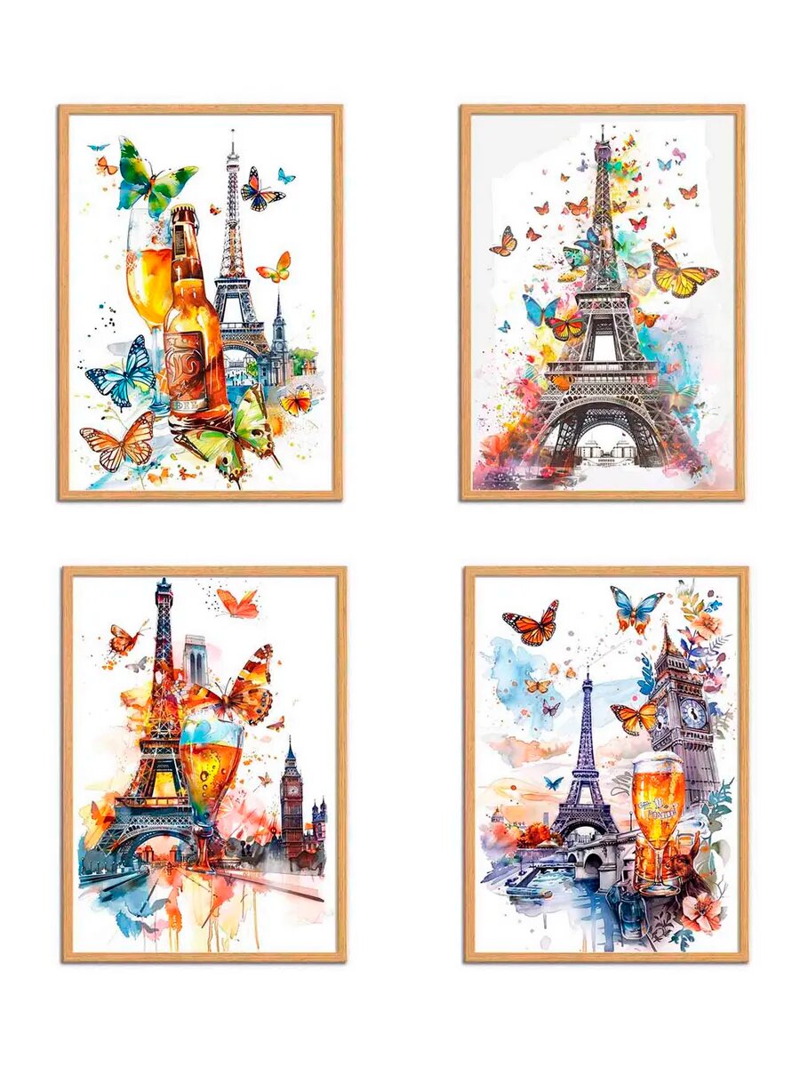 Бабочки Фермерское животное Пьет Пиво, 4 Плаката, 30x21см
