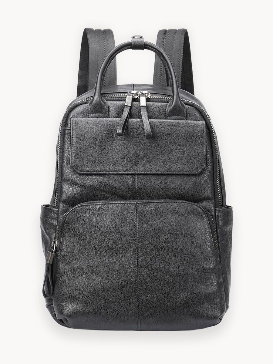 Рюкзак мужской кожаный черный, модный вместительный городской рюкзак