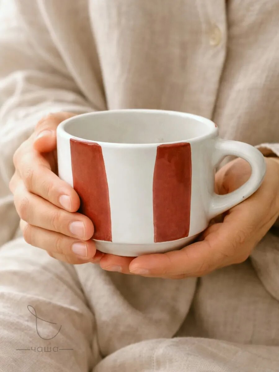 Кружка фарфоровая в полоску Chasha, для СВЧ, ручная работа, 350мл