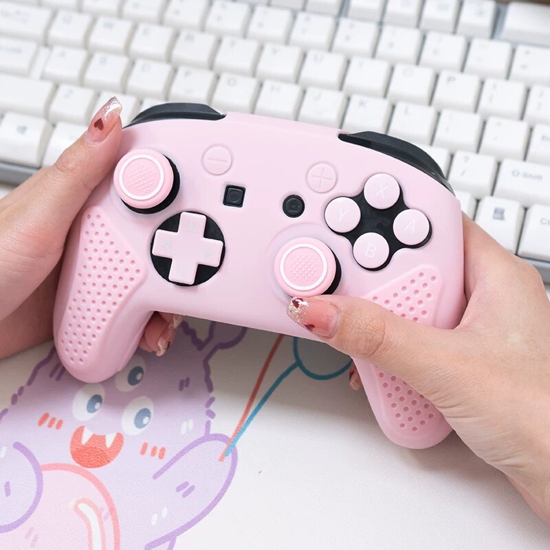 Защитный комплект для контроллера Nintendo Switch Pro - Розовый, включает чехол и накладки кнопок, полный набор