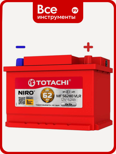 Изображение товара Аккумуляторная батарея TOTACHI NIRO MF VLR LB 62 а/ч низкий корпус, обратная полярность, 12‑вольтный, кальциевый тип