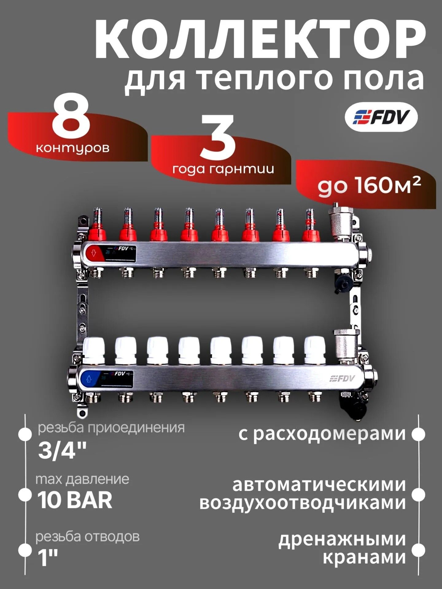 Коллектор для теплого пола 8 контуров FDV из нержавеющей стали с расходомерами, автоматическими воздухотводчиками и дренажными кранами серия S1103C
