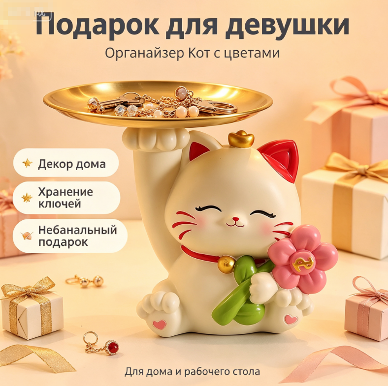 Декоративный поднос в виде счастливой кошки, поднос для хранения ключей и украшений в прихожей.