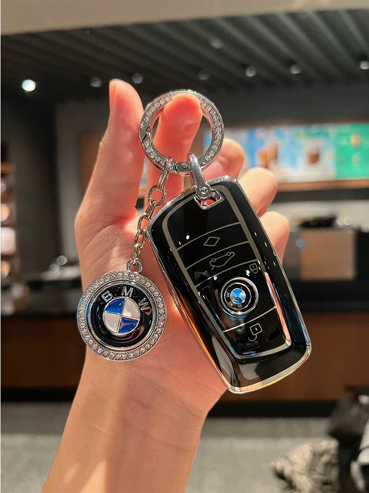 Ключевой чехол BMW для 5-й серии 530li, 3-й серии 425li, X1/X3/X5/X7 - Классический черный с алмазным кольцом и